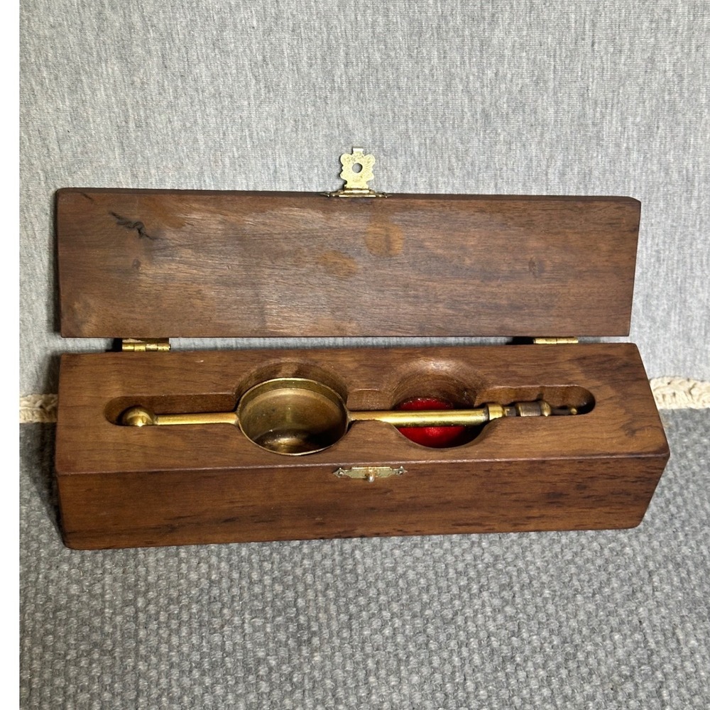 VTG Brass Wax Melting Spoon with Monogram in Fitted Wood Box Patina 7.5 Inch
